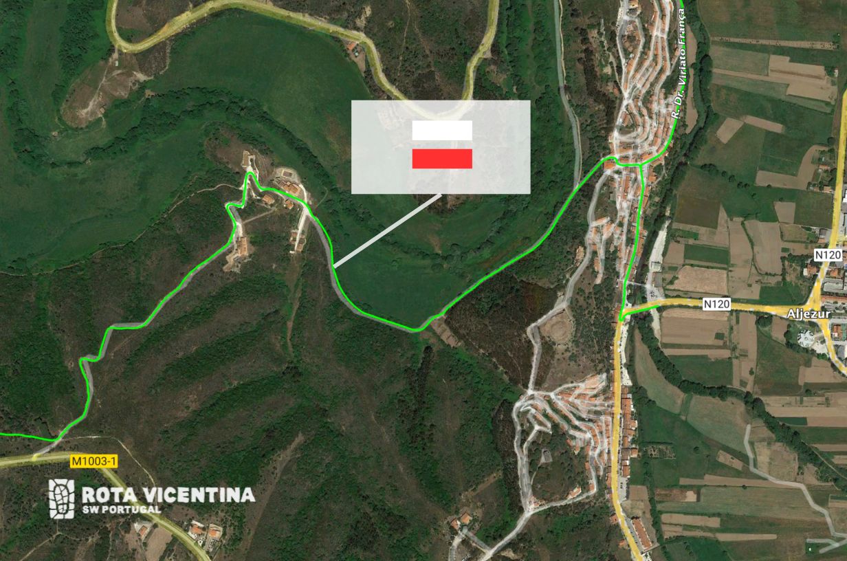 Mapa da etapa Aljezur a Arrifana do Caminho Histórico Rota Vicentina com passagem em Vale Palheiro assinalada