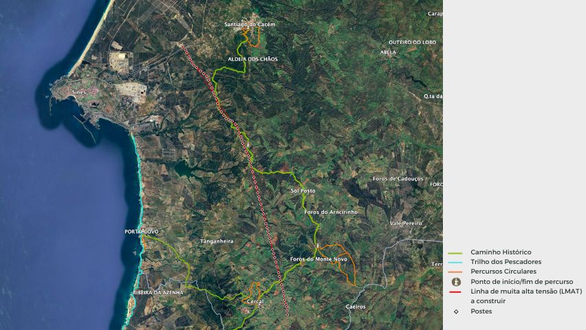 Mapa com Trilhos Pedestres da RV e da LMAT a ser construída.